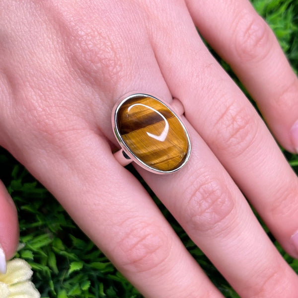 Bague En Oeil De Tigre Et Argent 925 - Taille 54 - Pierre Naturelle Dorée