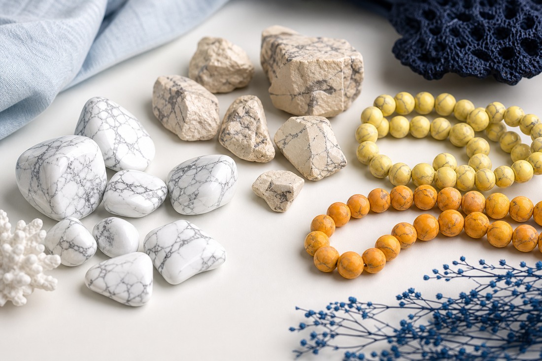 Howlite blanche, beige, jaune et orange comparée sous lumière neutre