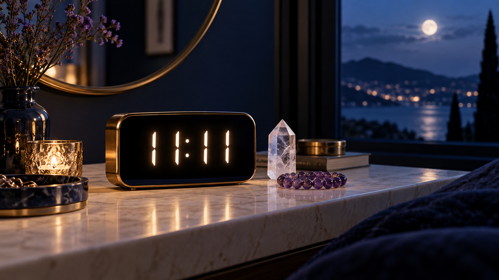 Horloge numérique affichant 11h11 dans une scène nocturne avec améthyste et quartz