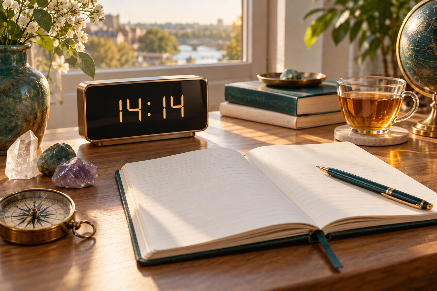 Horloge affichant 14h14, carnet et boussole sur un bureau lumineux