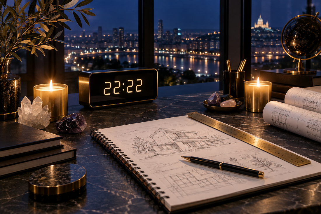 Horloge affichant 22h22 et carnet d’architecture dans une ambiance nocturne