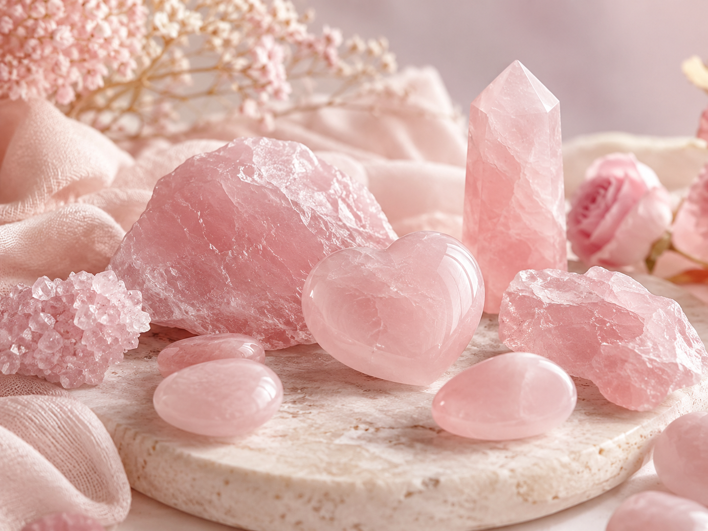 Quartz rose brut, cœur poli, galets et pointe taillée dans une composition rose