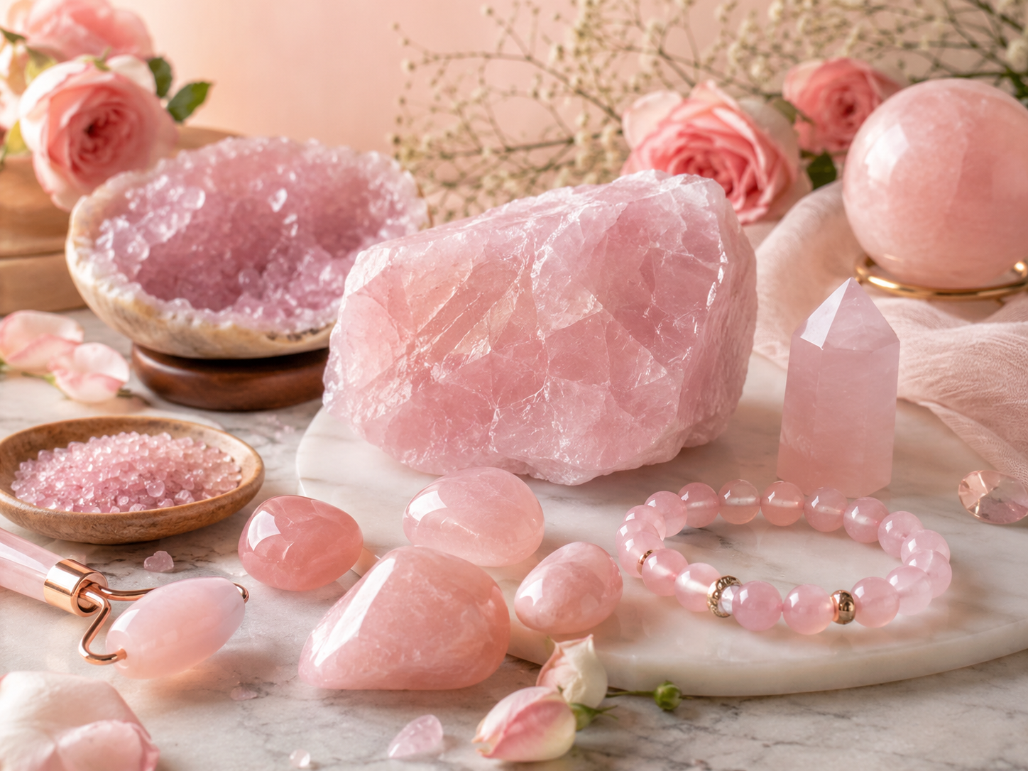 Quartz rose brut, pointe, sphère, bracelet et pierres polies entourés de roses
