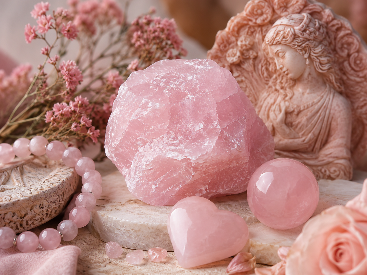 Quartz rose brut, bracelet, cœur poli et sphère dans une composition rose