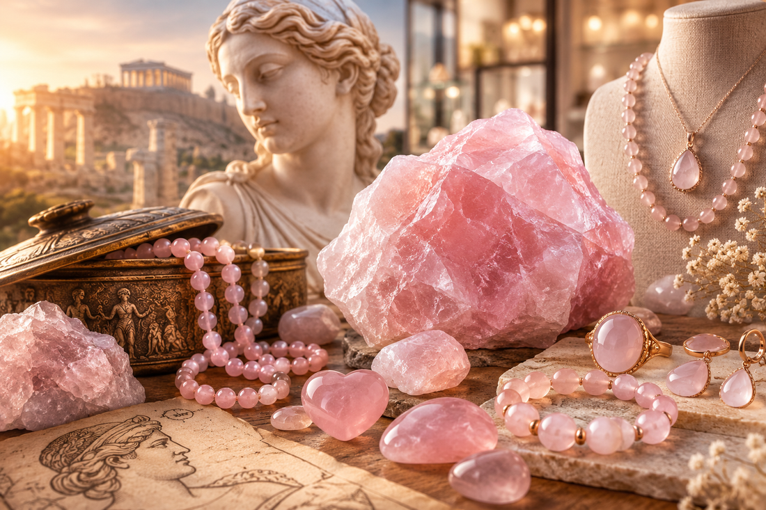 Composition illustrative de l’histoire du quartz rose, du brut aux bijoux contemporains