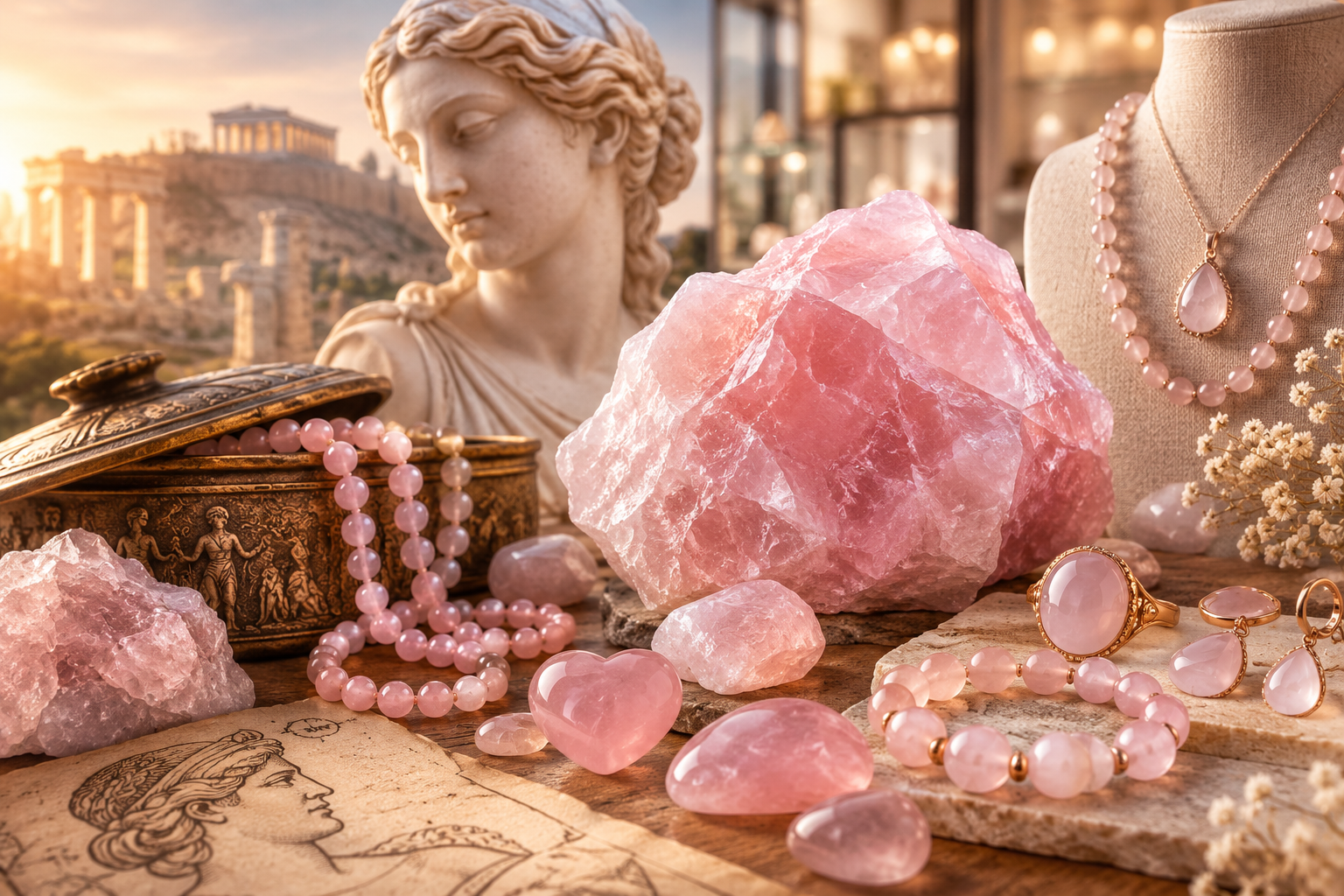 Composition illustrative de l’histoire du quartz rose, du brut aux bijoux contemporains