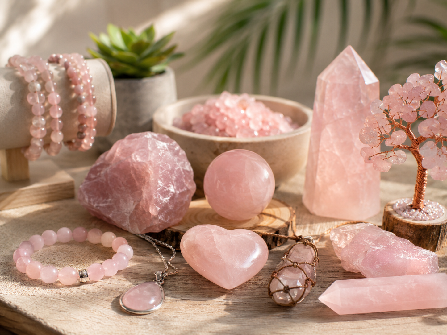 Bracelets, pendentifs, quartz rose brut, sphère, cœur, pointe et arbre décoratif