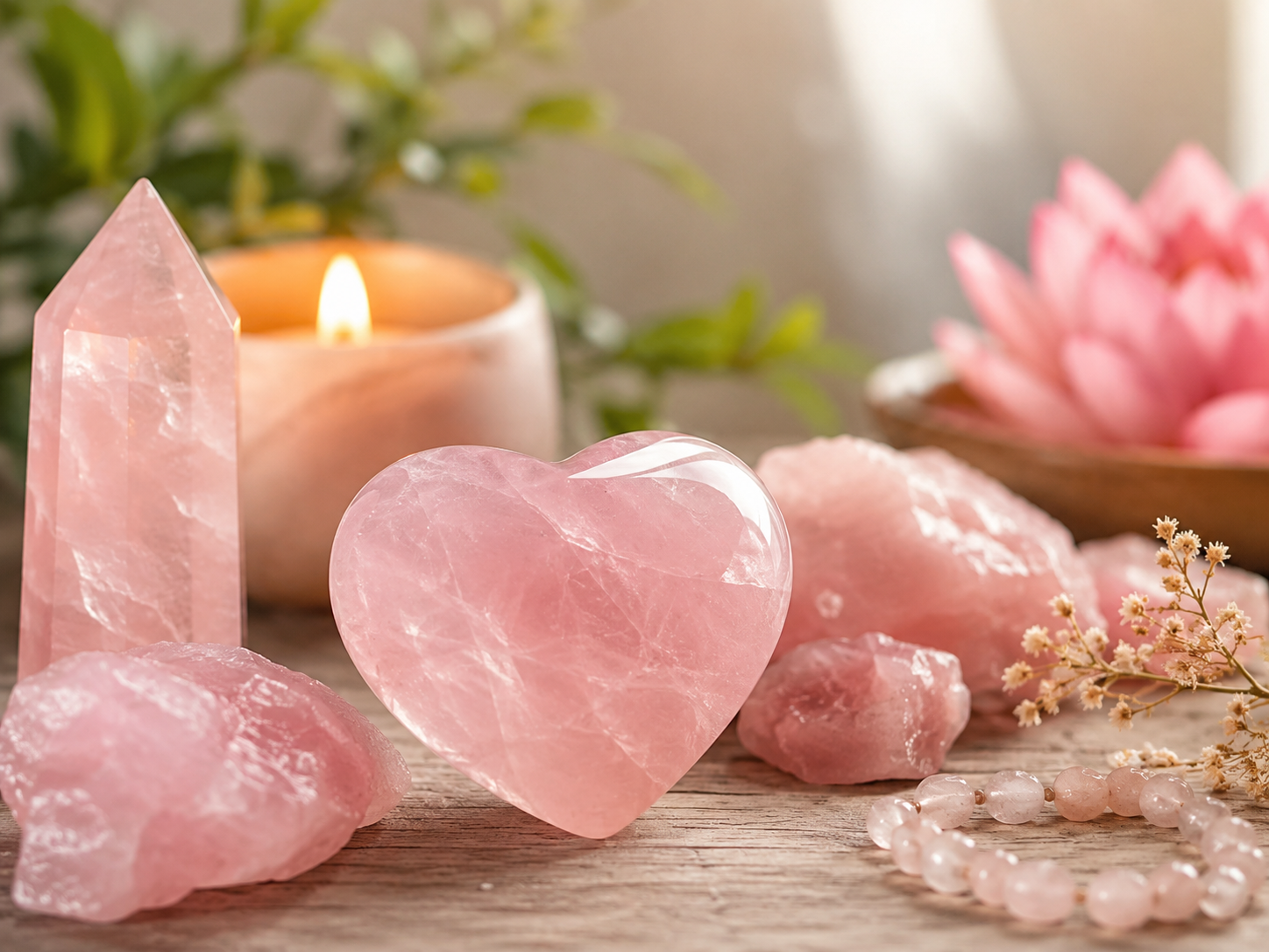 Cœur, pointe, pierres brutes et bracelet en quartz rose près d’une bougie