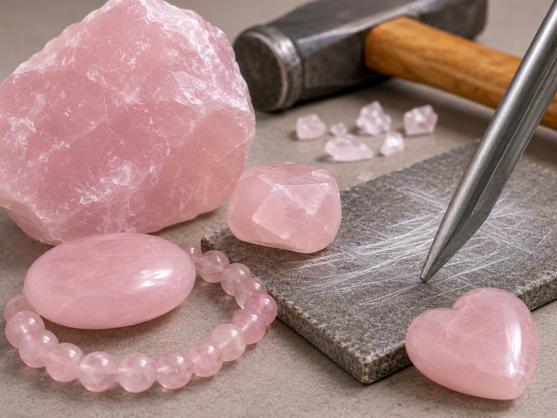 Quartz rose brut, bracelet, cœur et pierres polies près d’outils de test de résistance