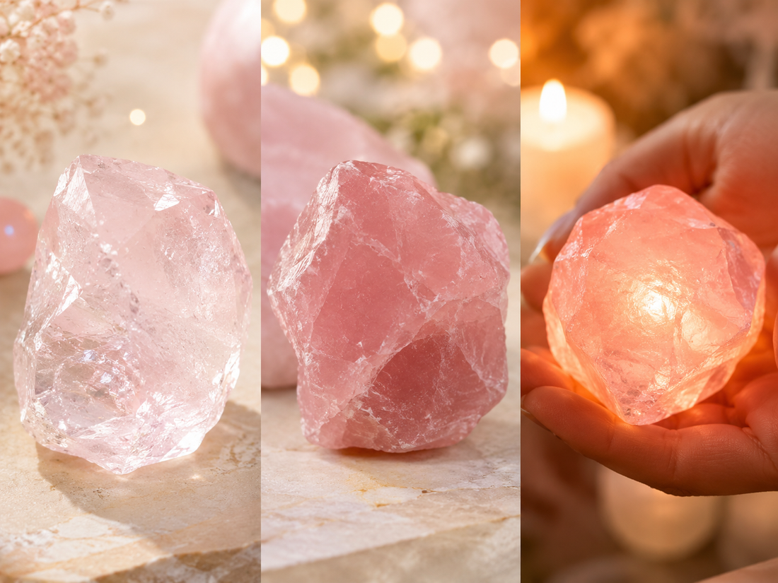 Quartz rose transparent, rose soutenu et réchauffé dans une main