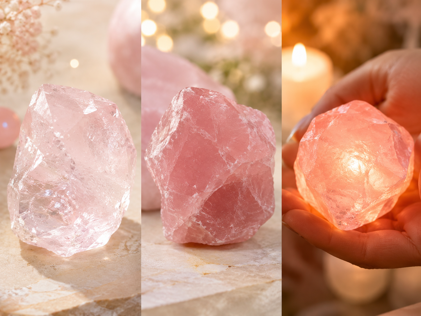 Quartz rose transparent, rose soutenu et réchauffé dans une main