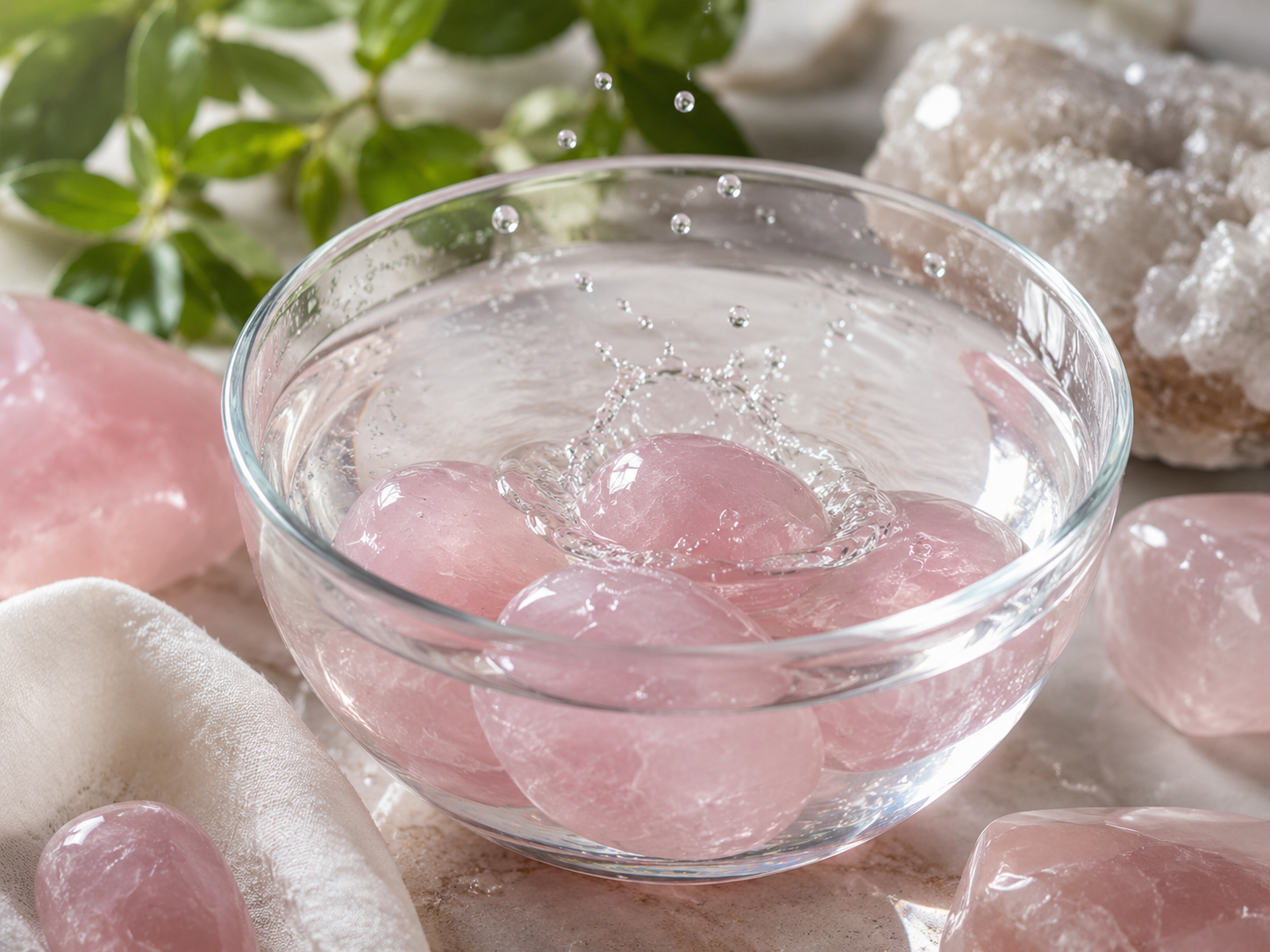 Quartz rose nettoyé brièvement à l’eau tiède puis séché avec soin