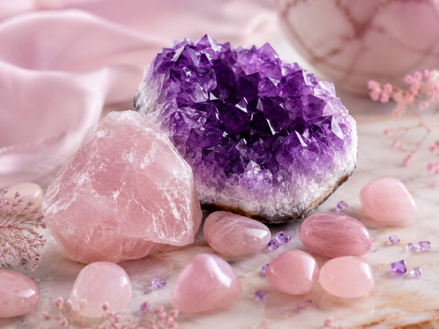 Améthyste violette et quartz rose brut entourés de pierres roulées