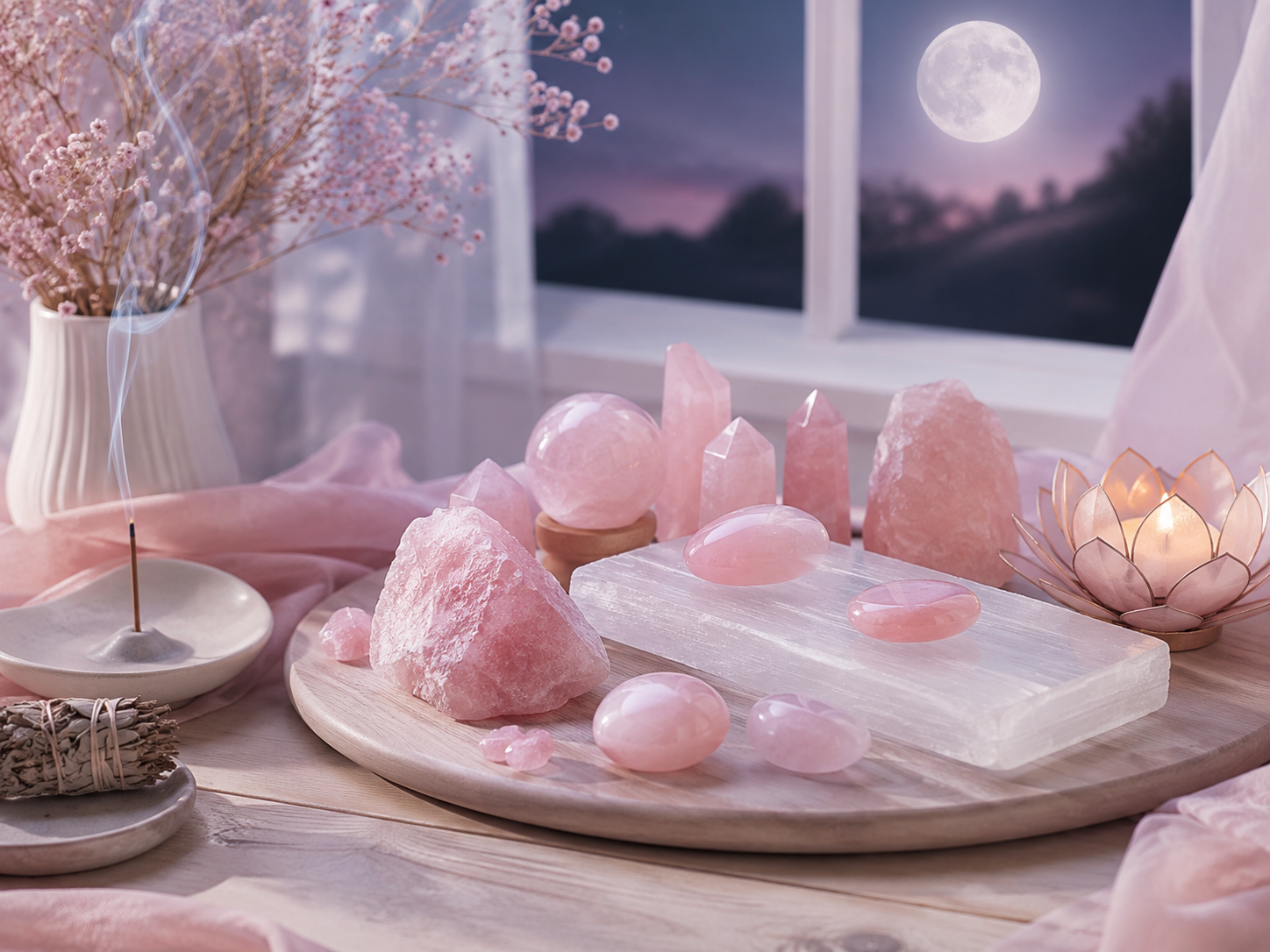 Pierres de quartz rose brutes et polies près d’une fenêtre, de la lune et d’une bougie
