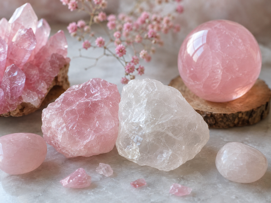 Comparaison illustrative de quartz roses pâles et soutenus, bruts et polis