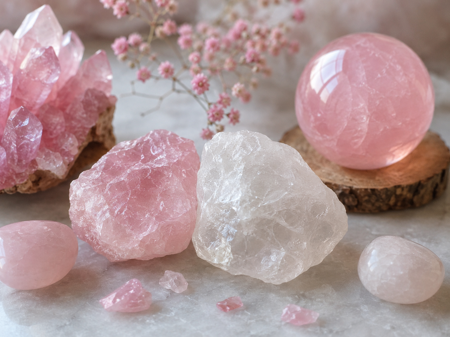Comparaison illustrative de quartz roses pâles et soutenus, bruts et polis