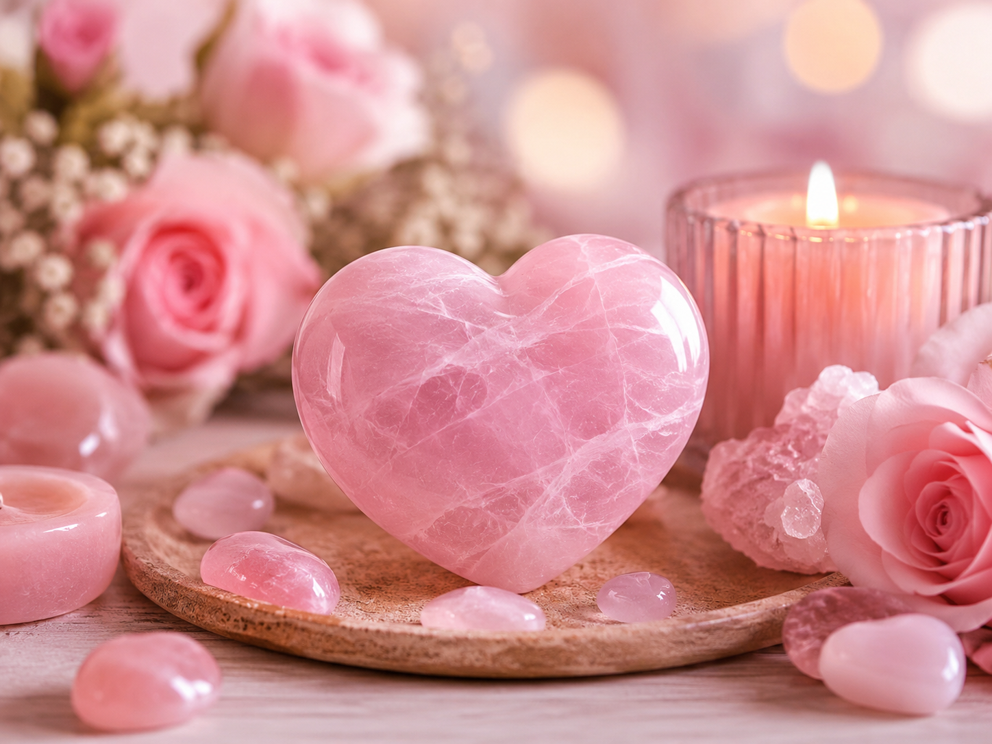 Cœur poli et galets de quartz rose entourés de roses et d’une bougie