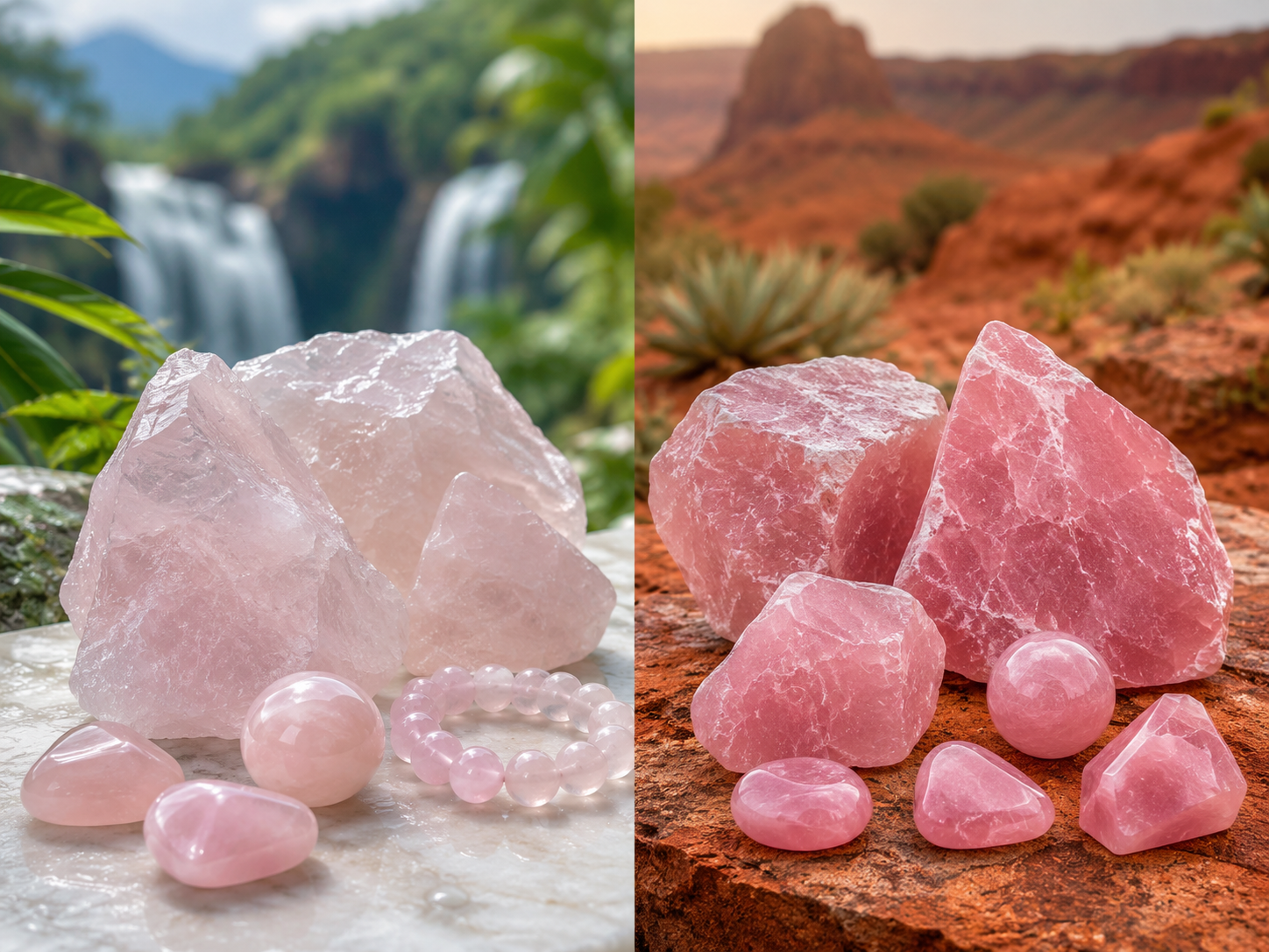 Comparaison de quartz roses du Brésil et de Madagascar, bruts et polis