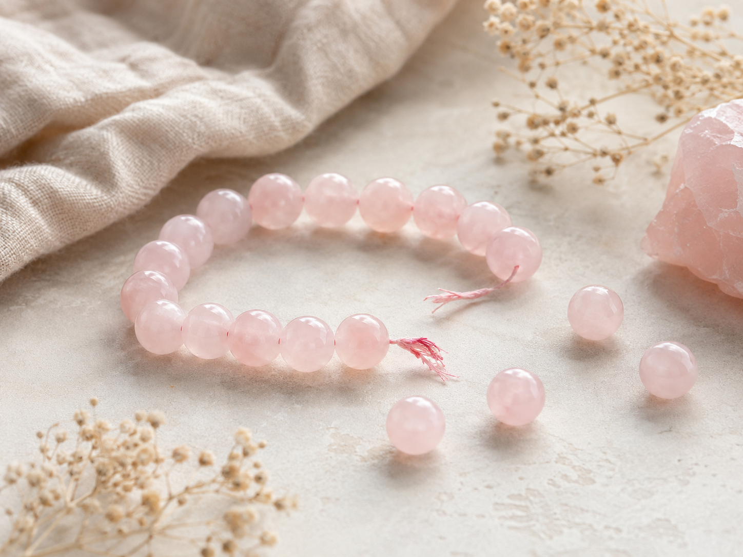 Bracelet en quartz rose cassé avec perles à inspecter avant réparation