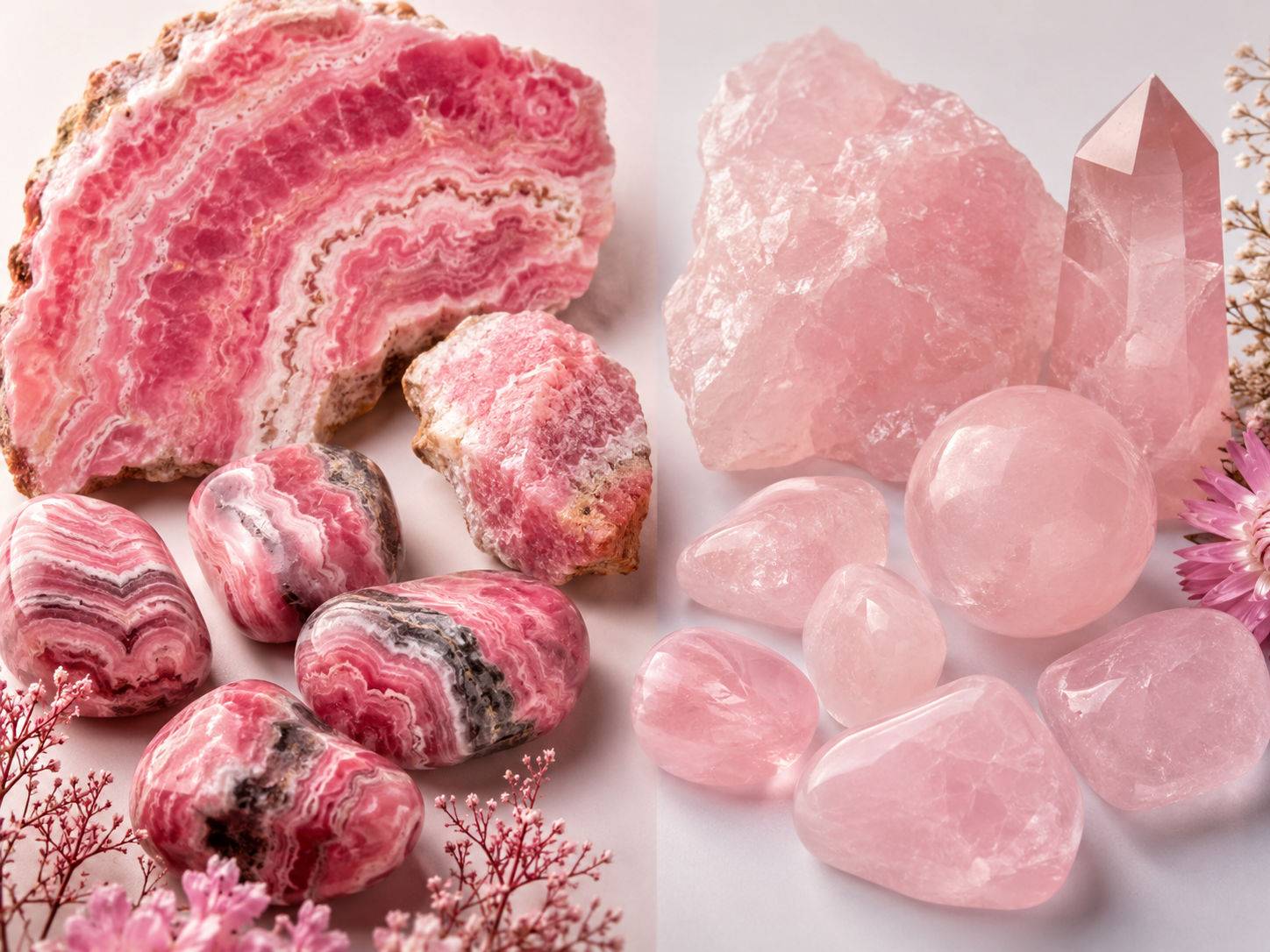 Rhodochrosites rubanées à gauche et quartz roses bruts et polis à droite