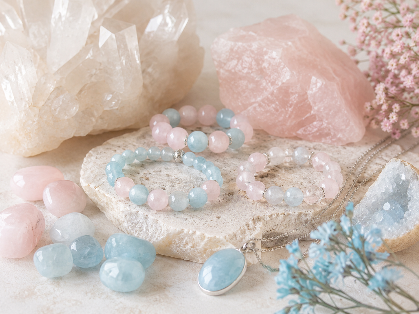 Bracelets et pendentif en aigue-marine et quartz rose sur fond pastel