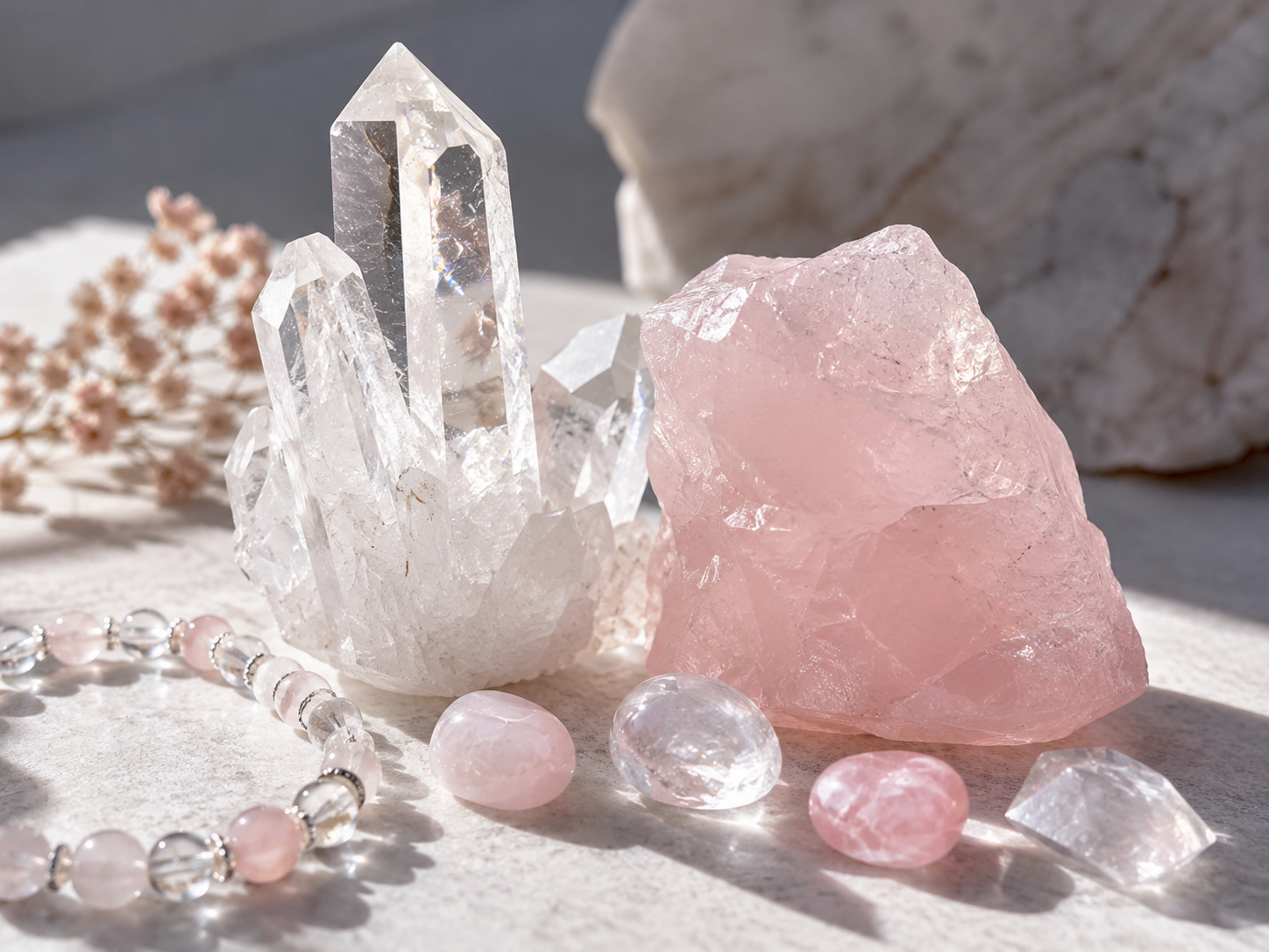 Cristal de roche transparent et quartz rose brut avec pierres roulées et bracelet