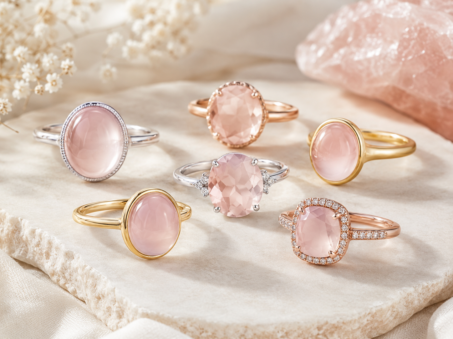 Six bagues en quartz rose, cabochon et facettes, sur métaux blanc, jaune et rose