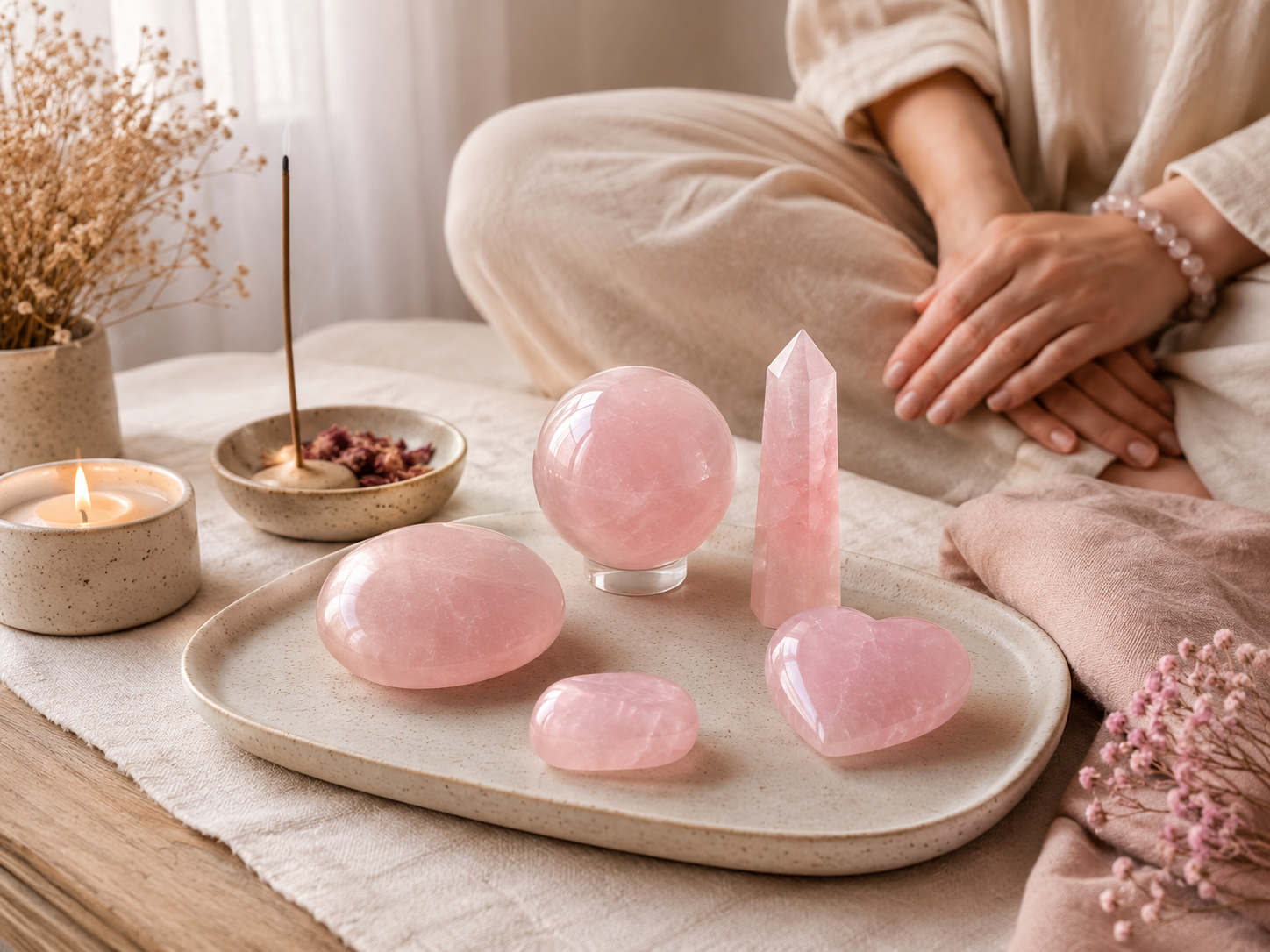 Personne méditant devant plusieurs formes de quartz rose posées sur un plateau