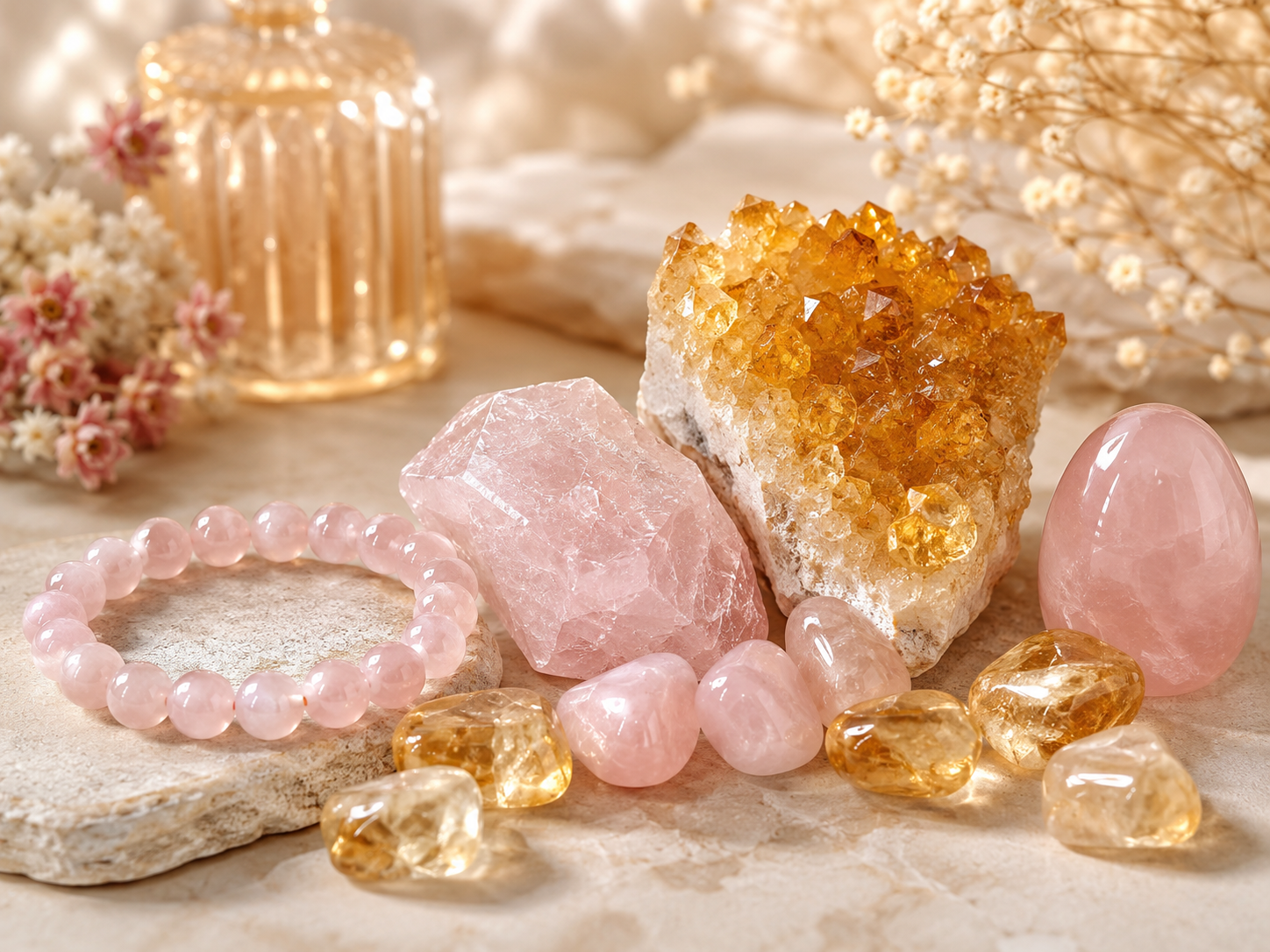Citrines jaunes et quartz roses bruts, polis et montés en bracelet