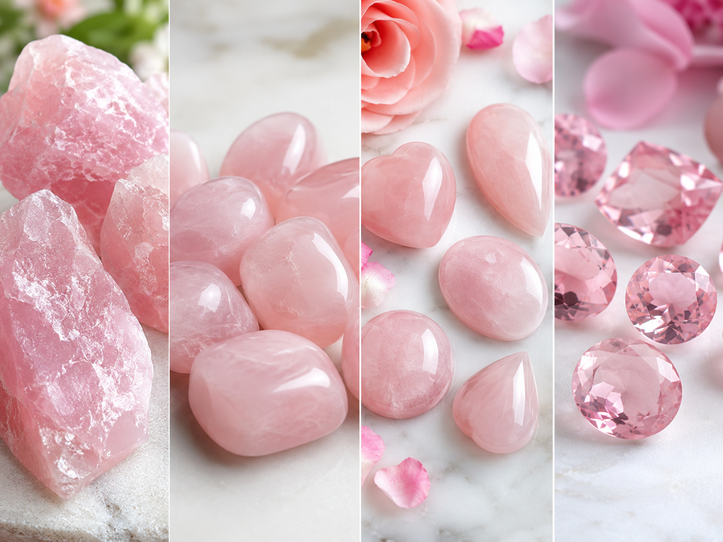 Comparaison de quartz rose brut, roulé, poli en cabochon et facetté