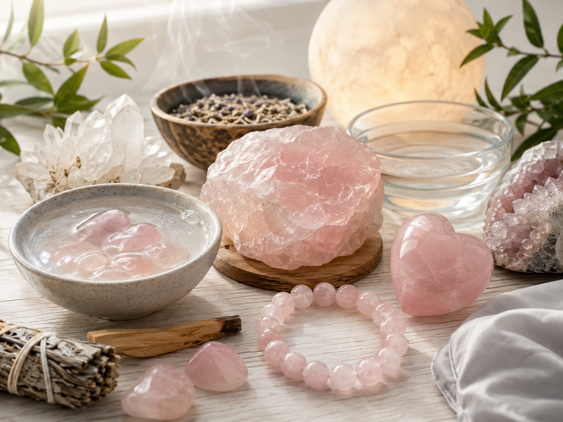 Quartz rose brut, galets, bracelet et cœur avec accessoires de nettoyage
