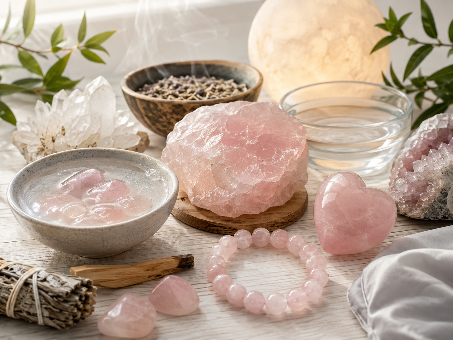 Quartz rose brut, galets, bracelet et cœur avec accessoires de nettoyage