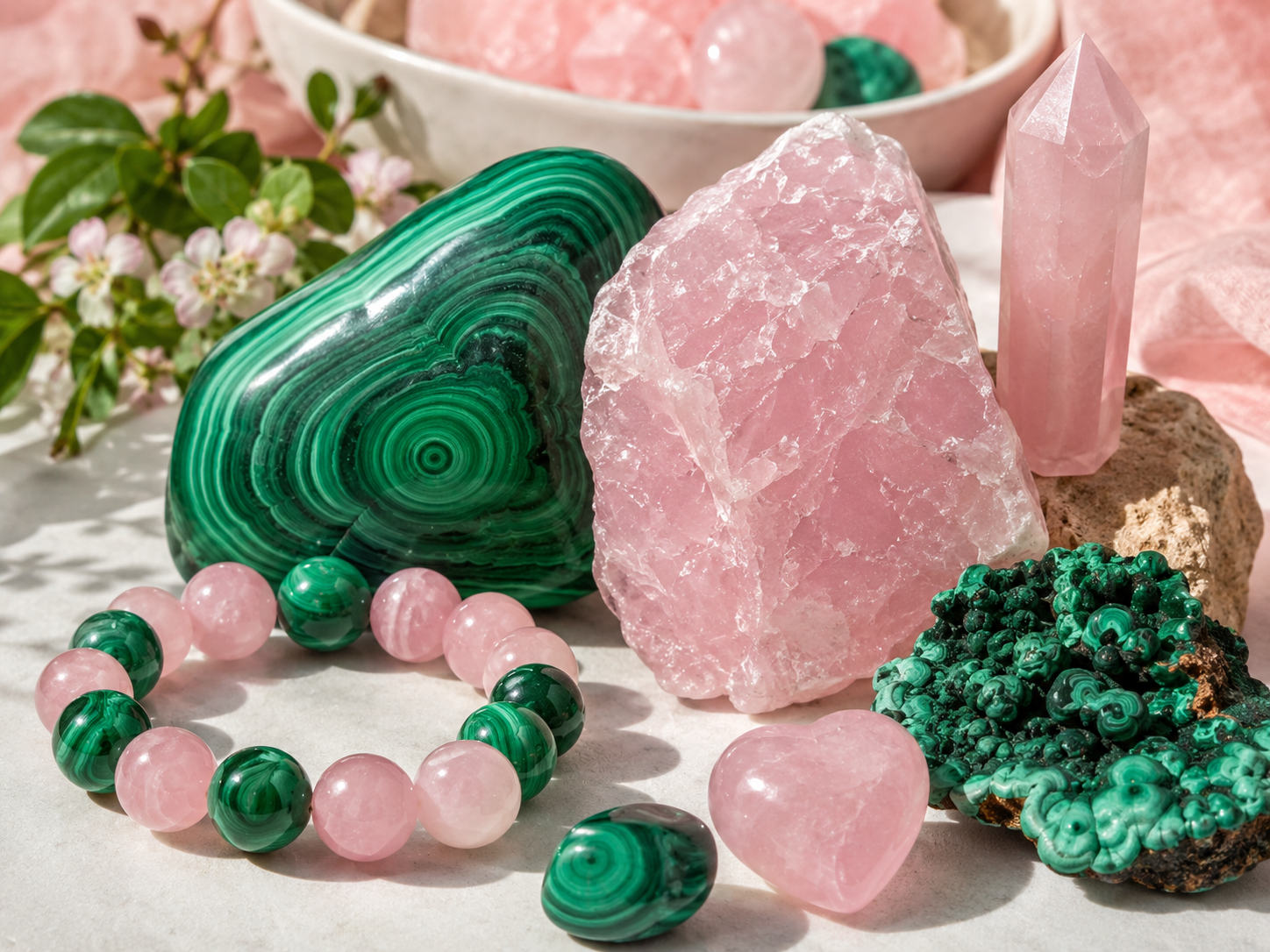 Malachite rubanée, quartz roses bruts et bracelet rose et vert