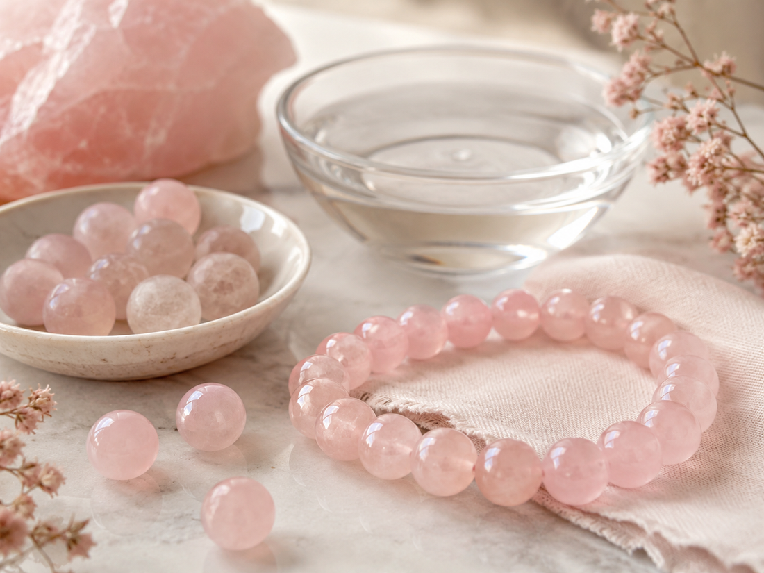 Bracelet et perles en quartz rose avec bol d’eau et chiffon doux