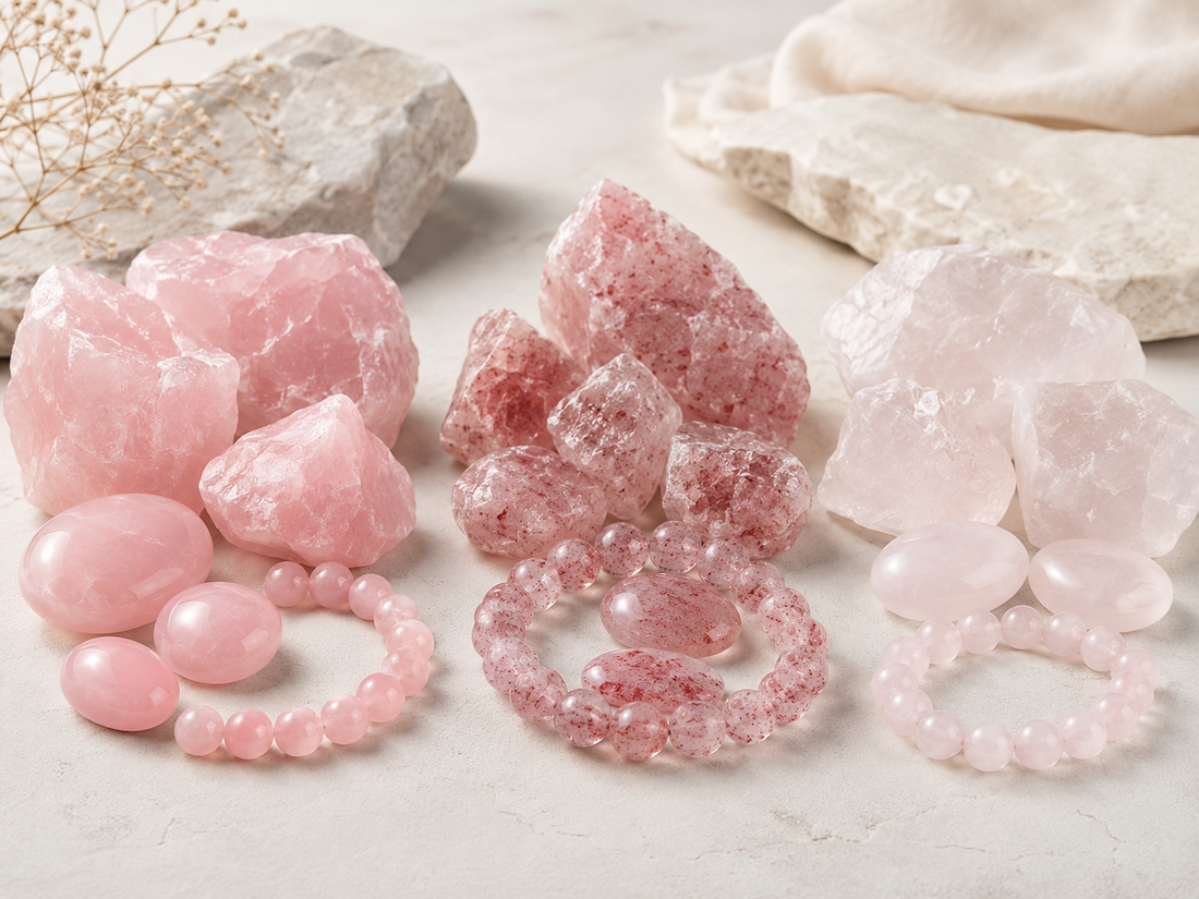 Quartz rose, quartz fraise et quartz rose pâle en pierres brutes, galets et bracelets