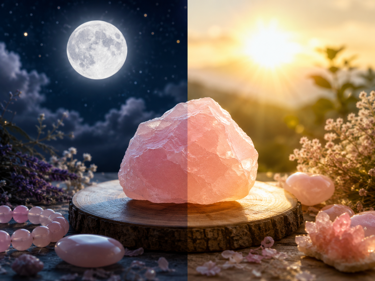 Quartz rose brut éclairé par la lune à gauche et le soleil à droite