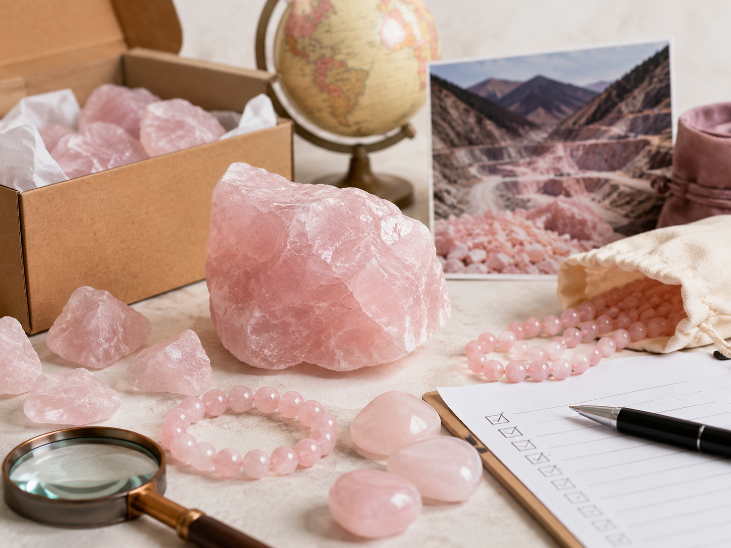 Quartz rose brut et bracelets avec globe, loupe et checklist de traçabilité