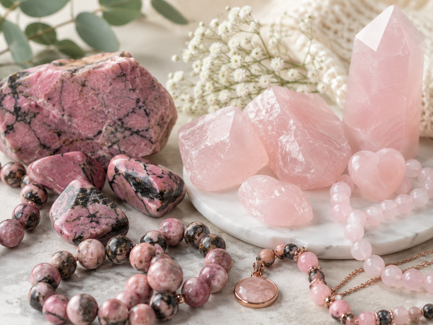 Rhodonites veinées noires et quartz roses bruts et polis avec bijoux