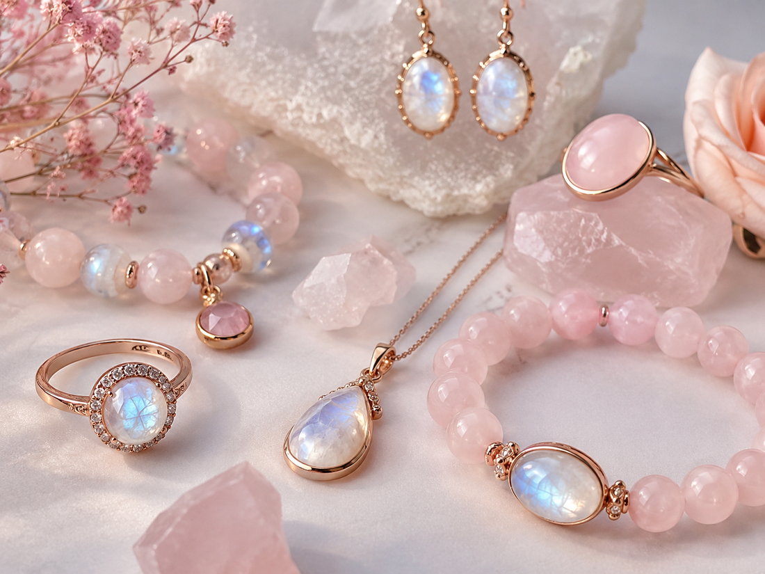 Bijoux en pierre de lune et quartz rose montés sur métal doré rose
