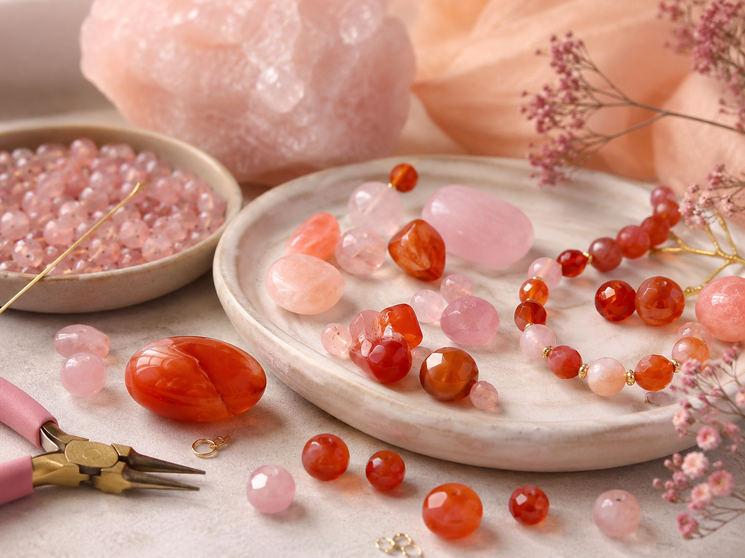 Perles et pierres de cornaline et quartz rose pour création de bijoux