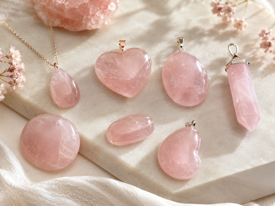 Pendentifs en quartz rose en forme de goutte, cœur, ovale, galet et pointe