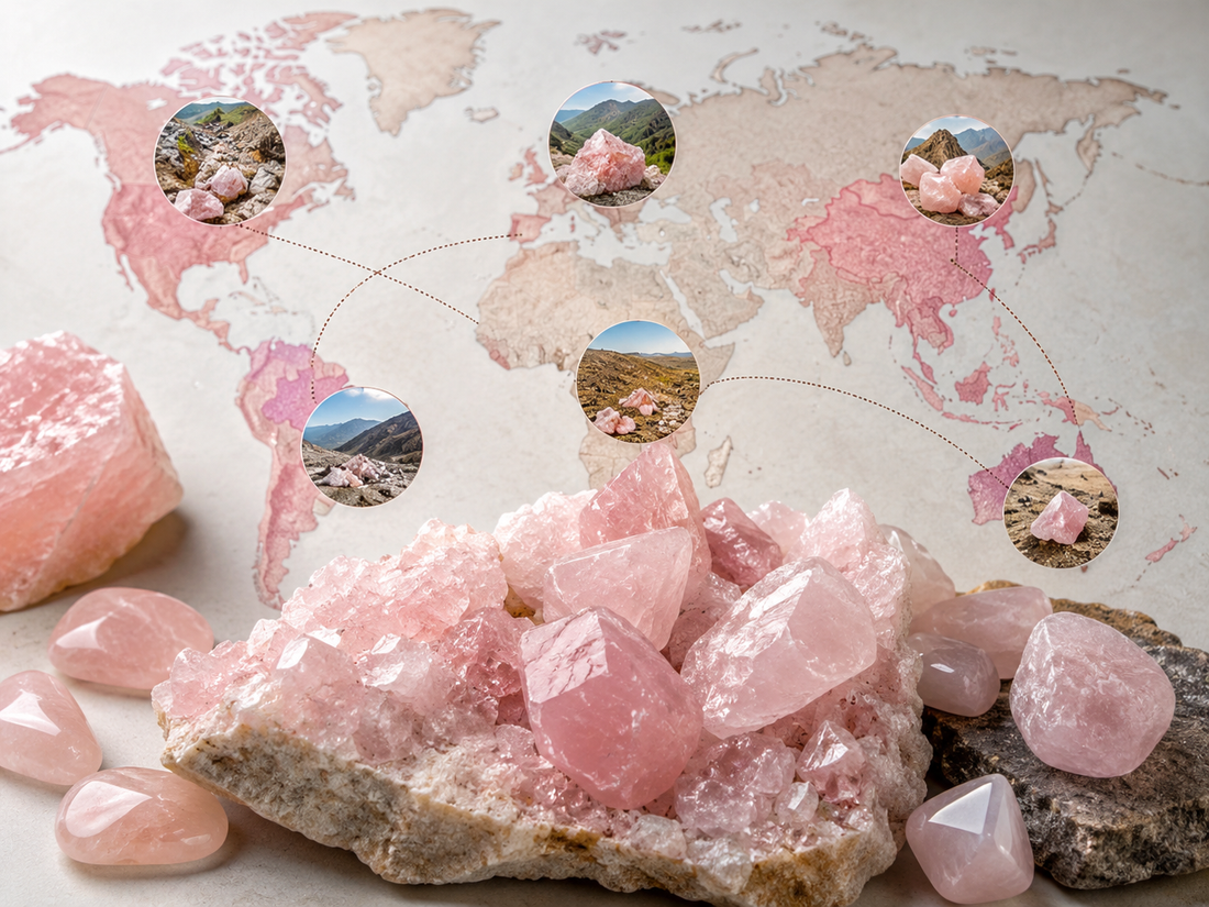 Composition illustrative de quartz roses bruts et polis devant une carte du monde