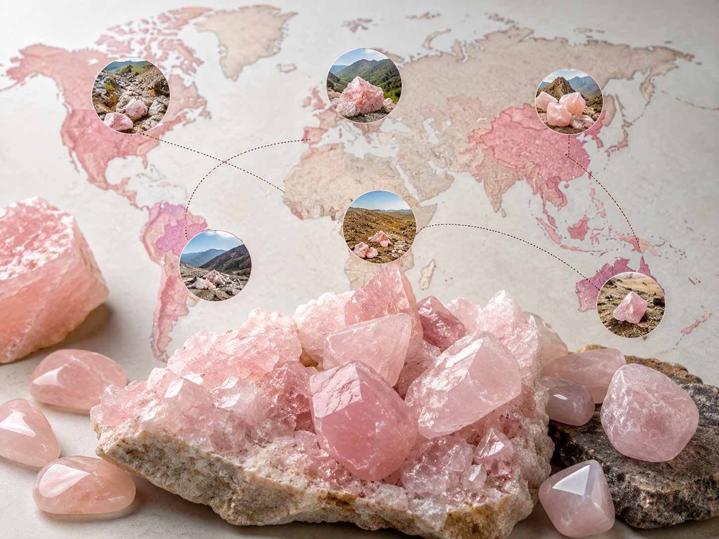 Composition illustrative de quartz roses bruts et polis devant une carte du monde