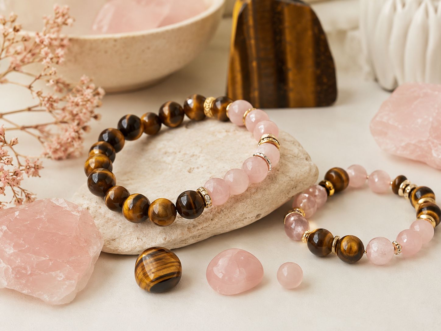 Bracelets en œil de tigre et quartz rose avec pierres brutes et polies