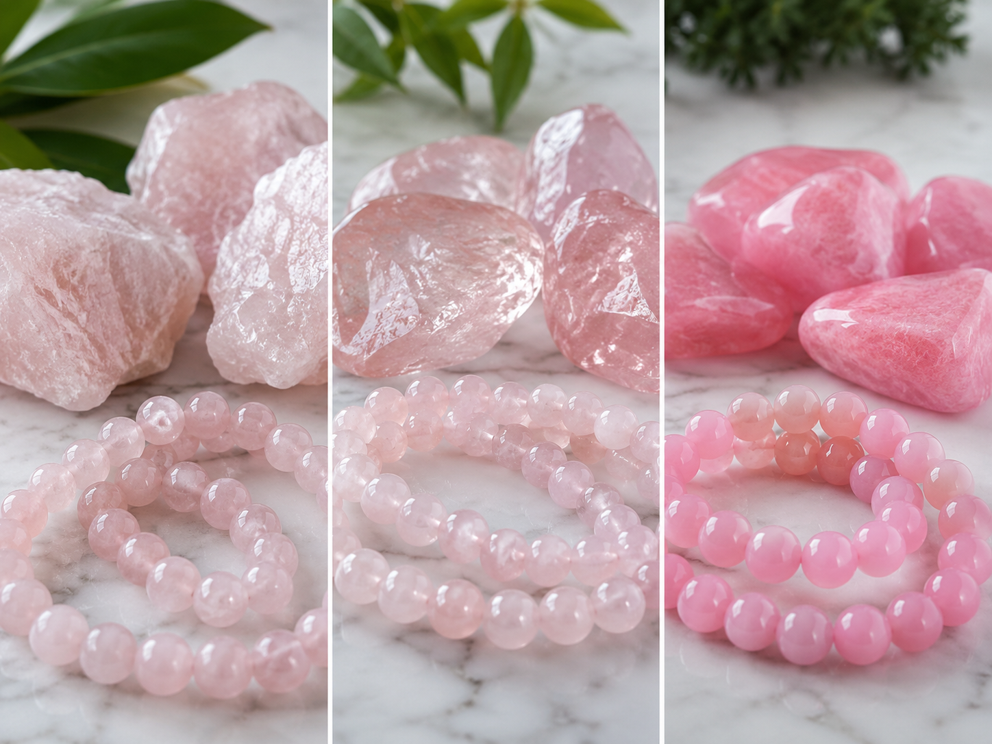 Comparaison de quartz roses bruts, polis et teintés avec bracelets de perles