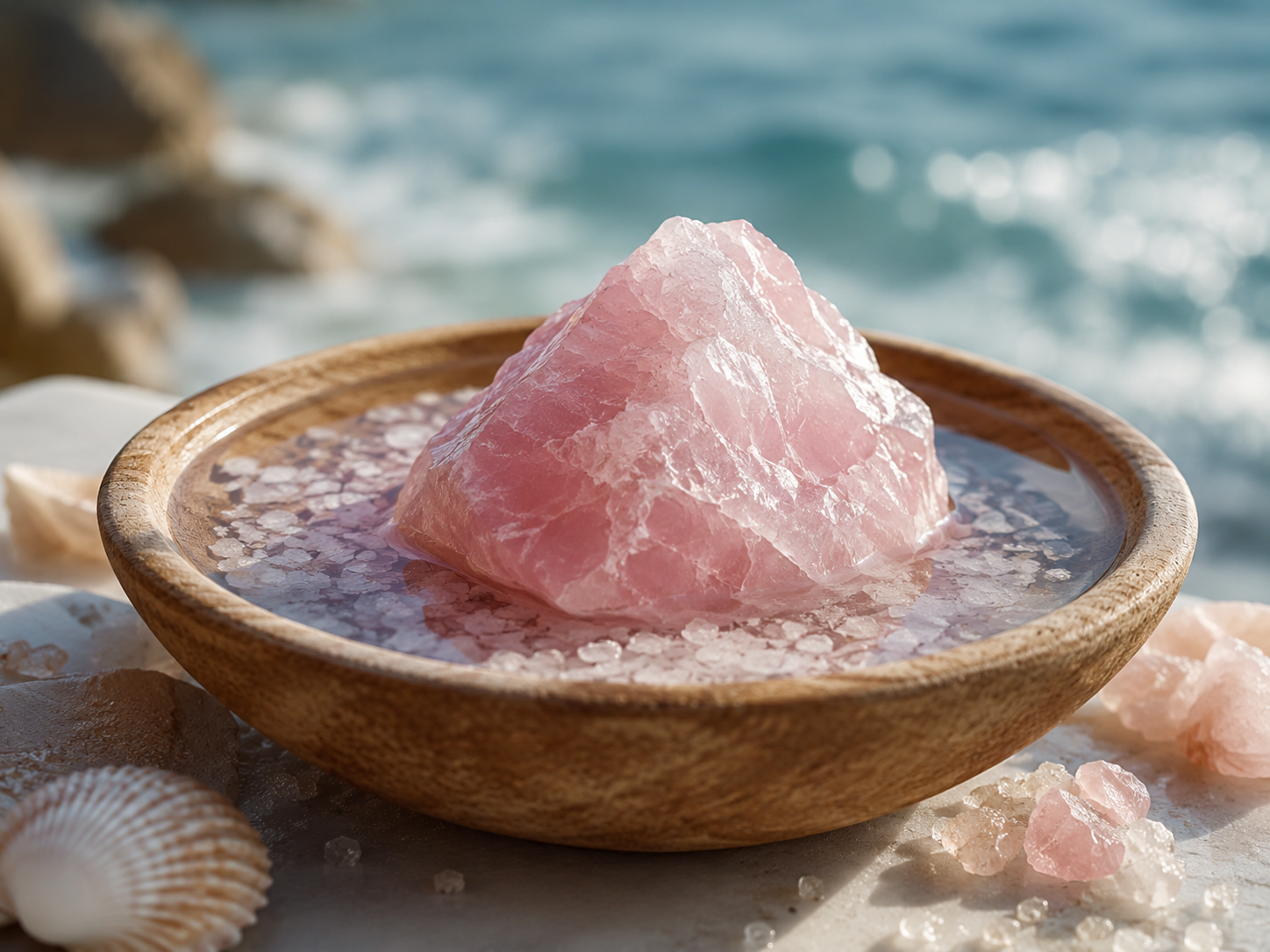 Quartz rose brut posé dans une coupelle d’eau salée près de la mer
