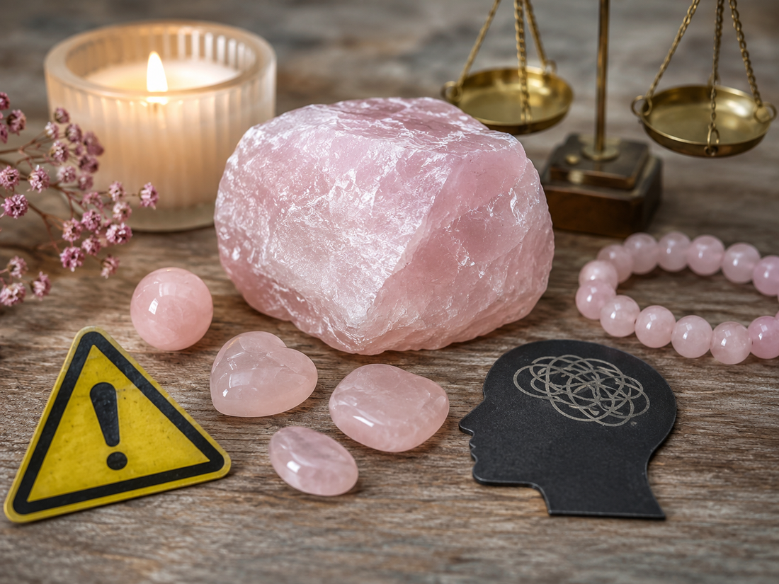 Quartz rose brut, galets et bracelet avec symbole d’avertissement et balance