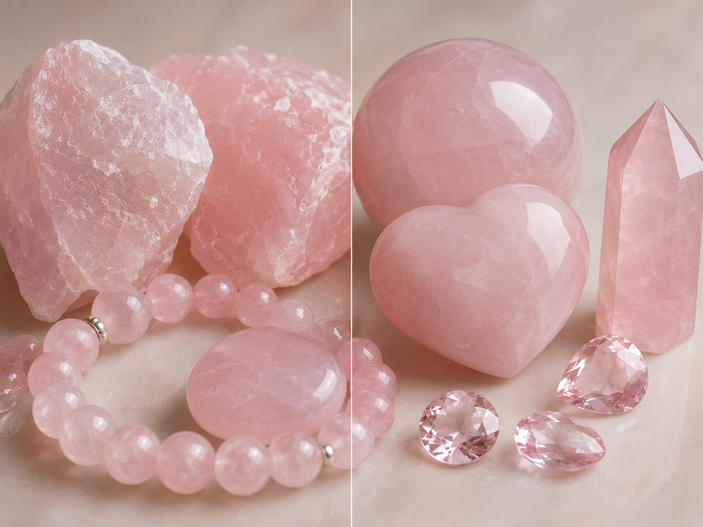 Quartz rose brut, bracelet, galets, sphère, cœur, pointe et pierres facettées
