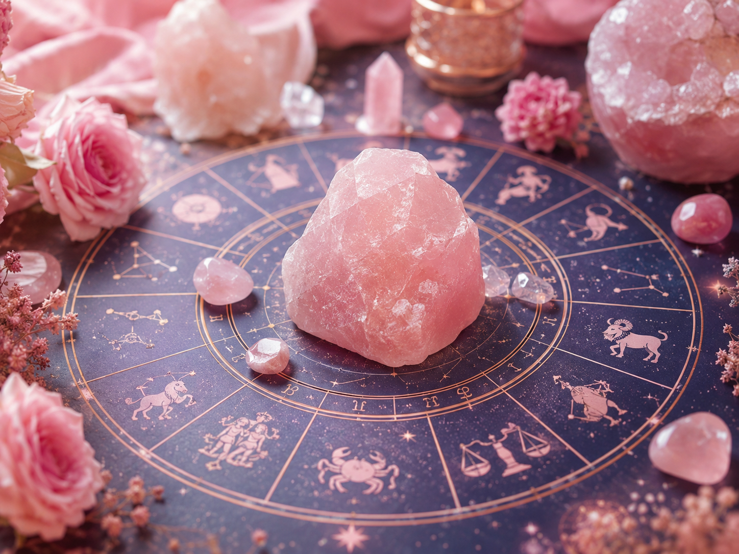 Quartz rose brut posé au centre d’une roue des signes astrologiques