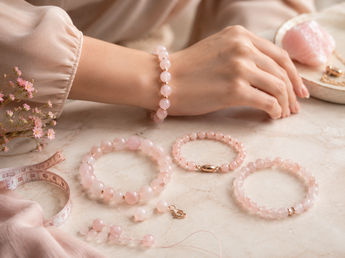 Bracelet en quartz rose porté au poignet avec plusieurs modèles près d’un mètre ruban